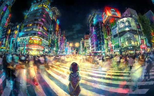 Anime Original City Light Night Building HD Wallpaper | Background Image