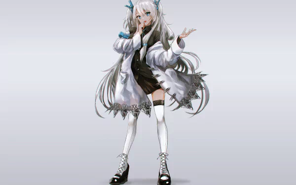 HD desktop wallpaper of an original anime character with white hair in twintails, dressed in a white coat, black dress, and thigh-high socks, striking a playful pose.