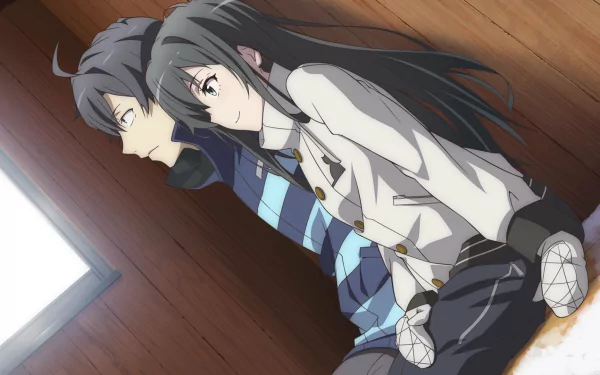 HD wallpaper and background featuring Hachiman Hikigaya and Yukino Yukinoshita from the anime My Teen Romantic Comedy SNAFU, sitting together in a wooden room.