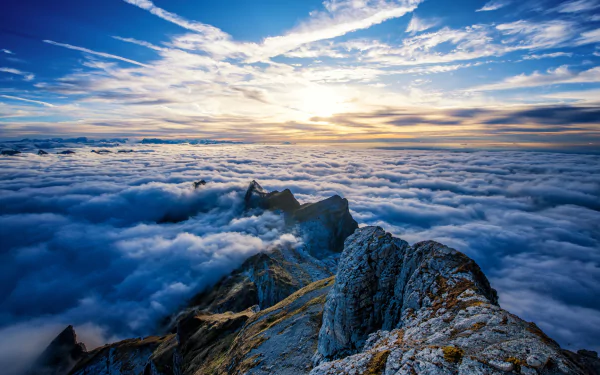 HD desktop wallpaper featuring a stunning sea of clouds beneath a vibrant sky and horizon, capturing the beauty of nature.