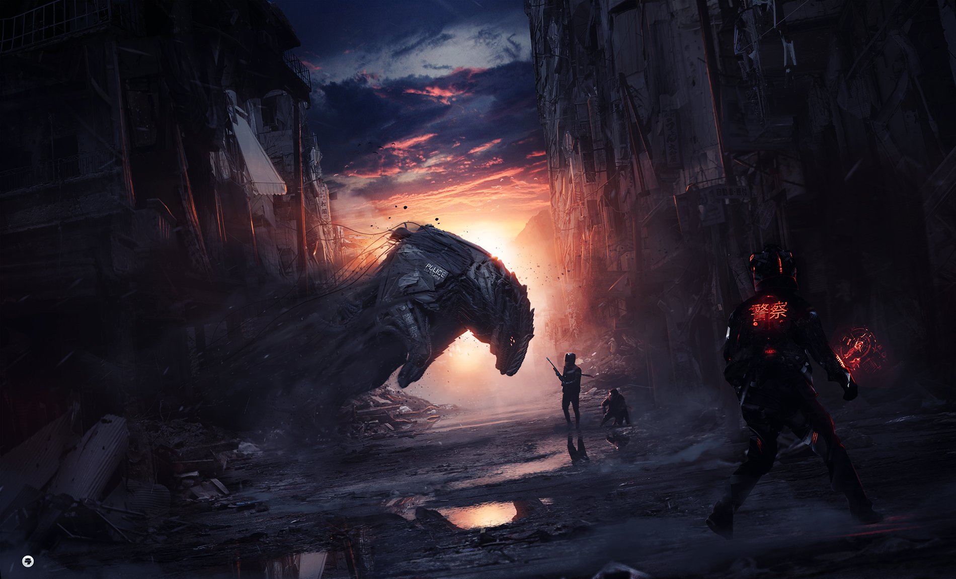 A dramatic sci-fi cityscape at dusk with towering structures, featuring a giant robotic creature and futuristic figures, captured in an HD PC desktop wallpaper.