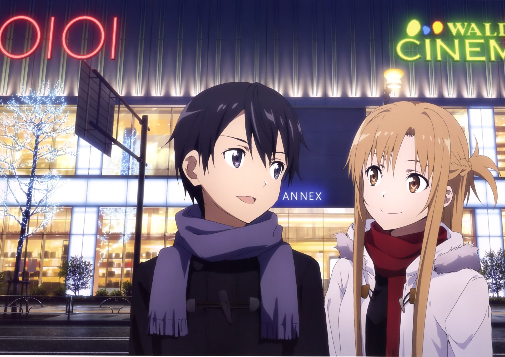 HD desktop wallpaper featuring Asuna Yuuki and Kirito from Sword Art Online Movie: Ordinal Scale standing together outside a cinema at night, anime style.