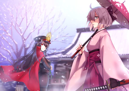 HD PC desktop wallpaper featuring Sakura Saber and Demon Archer from Fate/Grand Order in an anime-style snowy setting with cherry blossoms.