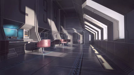 HD desktop wallpaper depicting a futuristic corridor, tagged with Routine, evoking a sense of daily operations in a sci-fi setting.