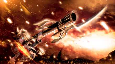 Rodina (King's Raid) fires a heavy gun as bullets and embers scatter across a fiery battlefield — dynamic video game 2K Quad HD PC desktop wallpaper background.