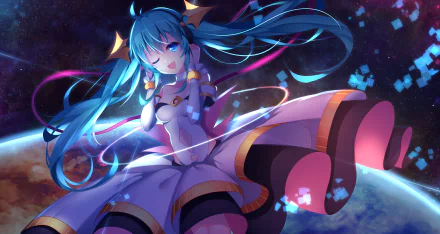 HD desktop wallpaper featuring Hatsune Miku from Vocaloid. The anime-style artwork showcases Miku with flowing turquoise hair, dressed in a futuristic outfit with a vivid, cosmic background.