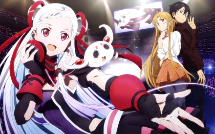 4K Ultra HD desktop wallpaper featuring Yuna, Asuna Yuuki, and Kazuto Kirigaya from the Anime Sword Art Online Movie: Ordinal Scale in a vibrant stadium setting.