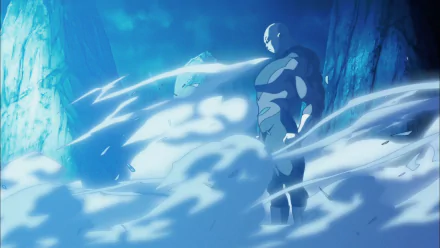 HD PC desktop wallpaper of Jiren from Dragon Ball Super, depicted in a powerful stance amid swirling energy in an anime-style scene.