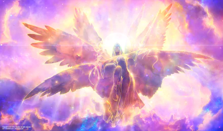 HD fantasy desktop wallpaper featuring a radiant angel with expansive glowing wings, surrounded by vibrant clouds and ethereal light.