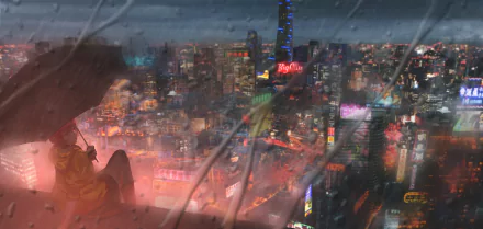 Anime-style night cityscape with neon signs glowing through rain on umbrella-covered figure, captured in a detailed HD desktop wallpaper background.