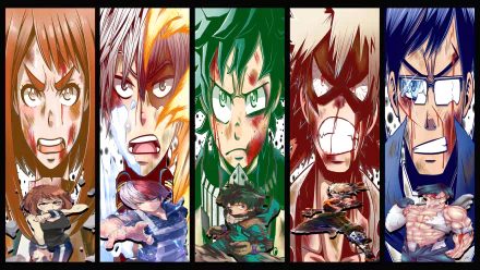 HD My Hero Academia desktop wallpaper featuring intense close-ups of Tenya Iida, Ochaco Uraraka, Shoto Todoroki, Katsuki Bakugou, and Izuku Midoriya in action.