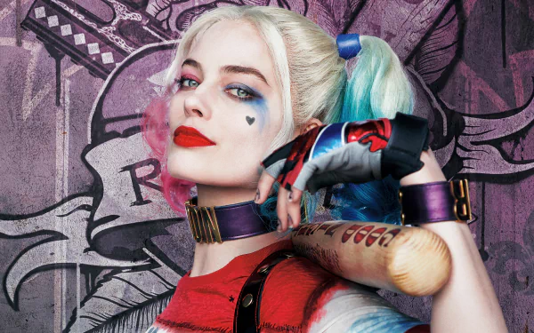 HD desktop wallpaper featuring Australian actress Margot Robbie as Harley Quinn from the movie Suicide Squad, showcasing her blonde hair, bold lipstick, and holding a bat against a graphic background.