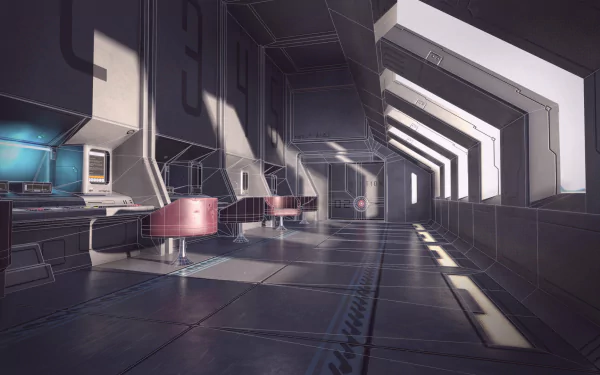 HD desktop wallpaper depicting a futuristic corridor, tagged with Routine, evoking a sense of daily operations in a sci-fi setting.