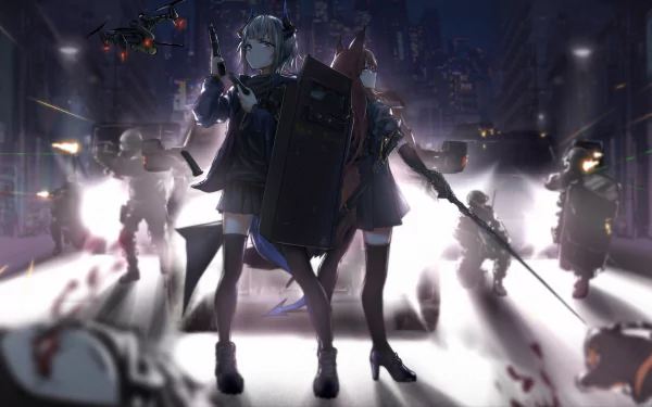 HD desktop wallpaper featuring Liskarm from the video game Arknights, depicting an intense battle scene at night with explosions and armed characters.