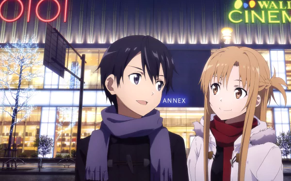 HD desktop wallpaper featuring Asuna Yuuki and Kirito from Sword Art Online Movie: Ordinal Scale standing together outside a cinema at night, anime style.