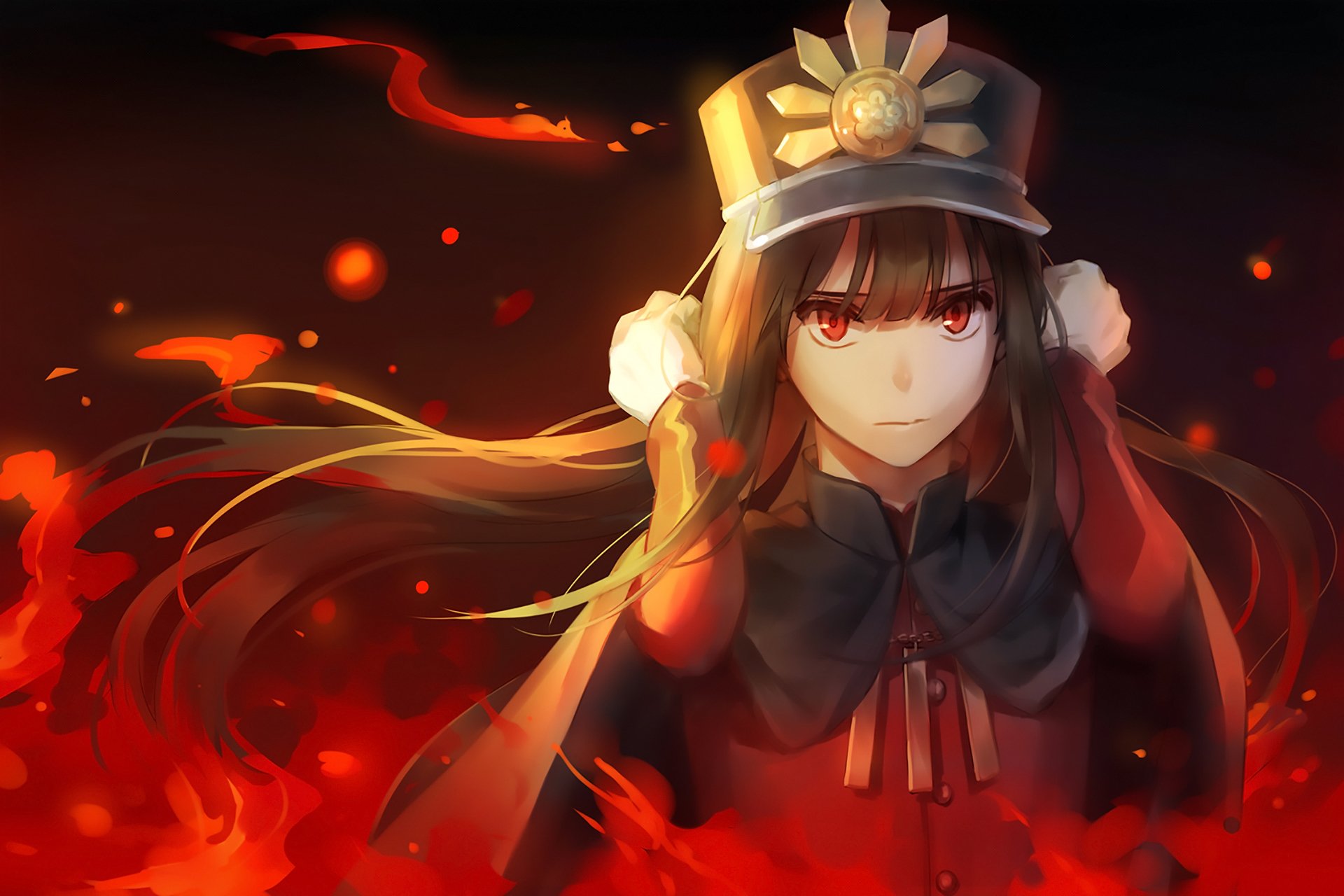 Oda Nobukatsu (Fate/Grand Order) anime HD PC desktop wallpaper: stern red-eyed samurai girl in dark robe and hat, her hair and flames swirling dramatically around her background.