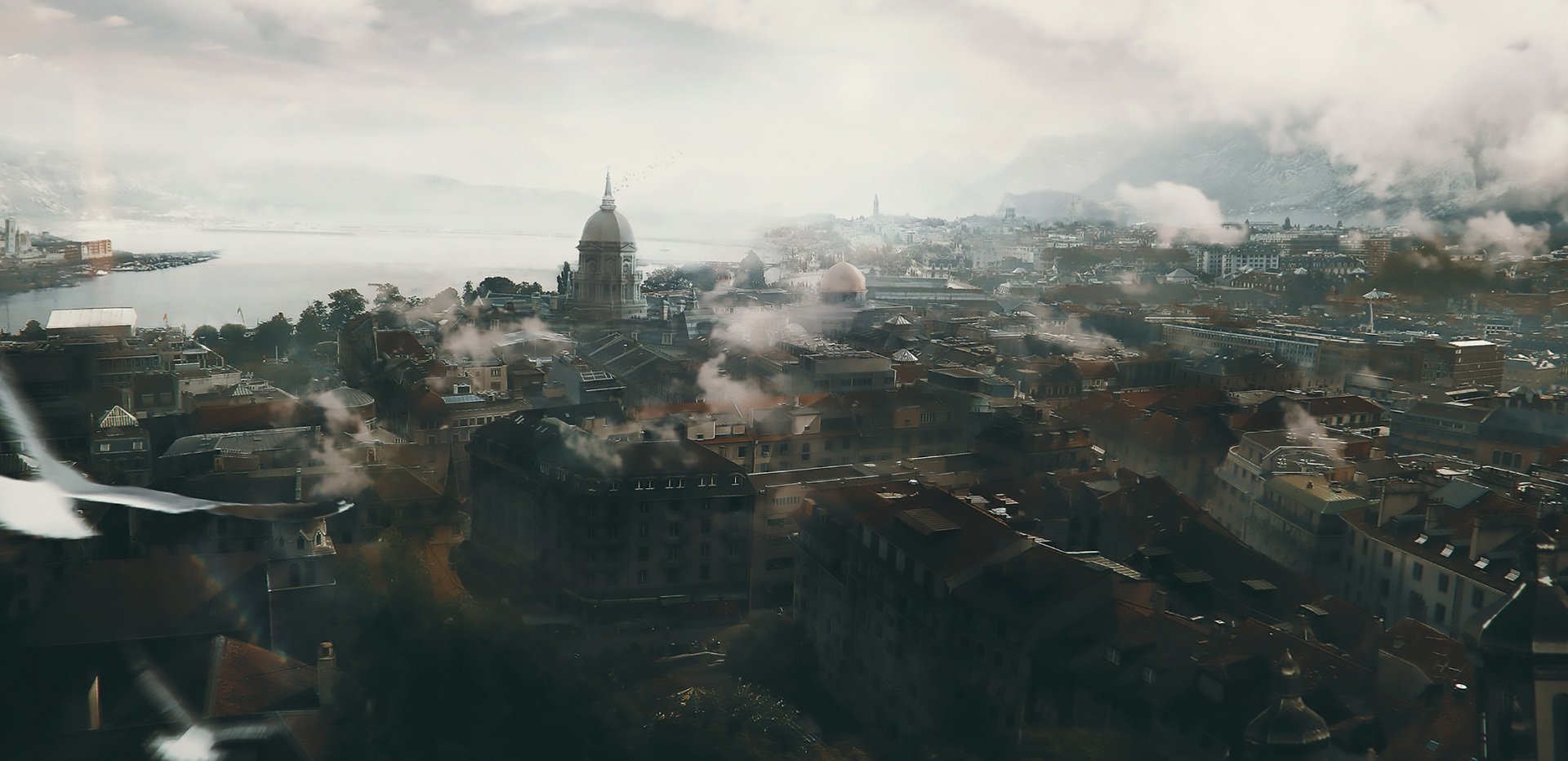 HD PC desktop wallpaper of a misty fantasy city: sprawling stone buildings and domes, low smoke and fog curling over rooftops.