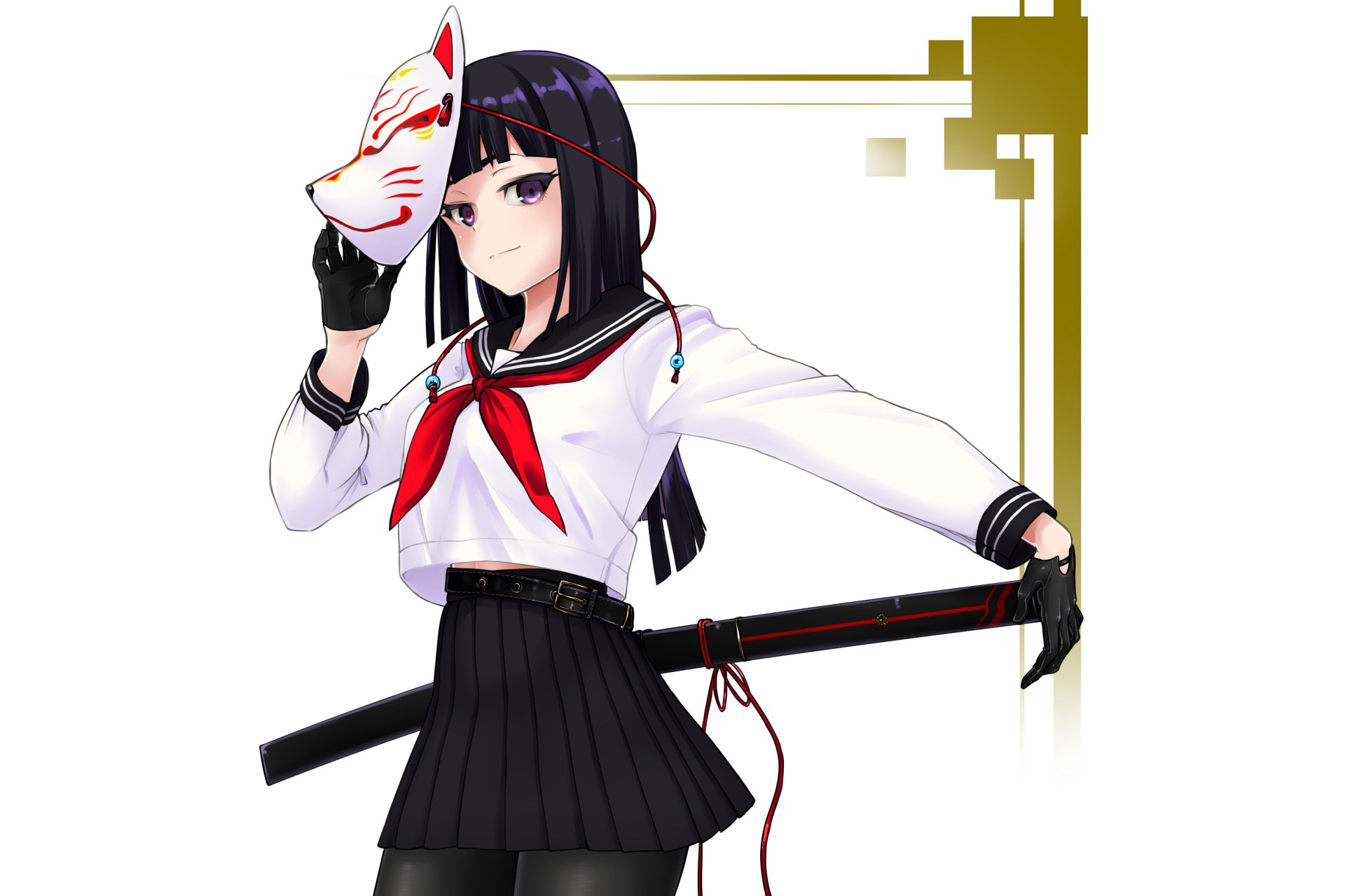 Anime-style schoolgirl with purple eyes holding a mask, wearing a school uniform, and carrying a katana. This HD desktop wallpaper blends vivid character design and intricate details seamlessly.