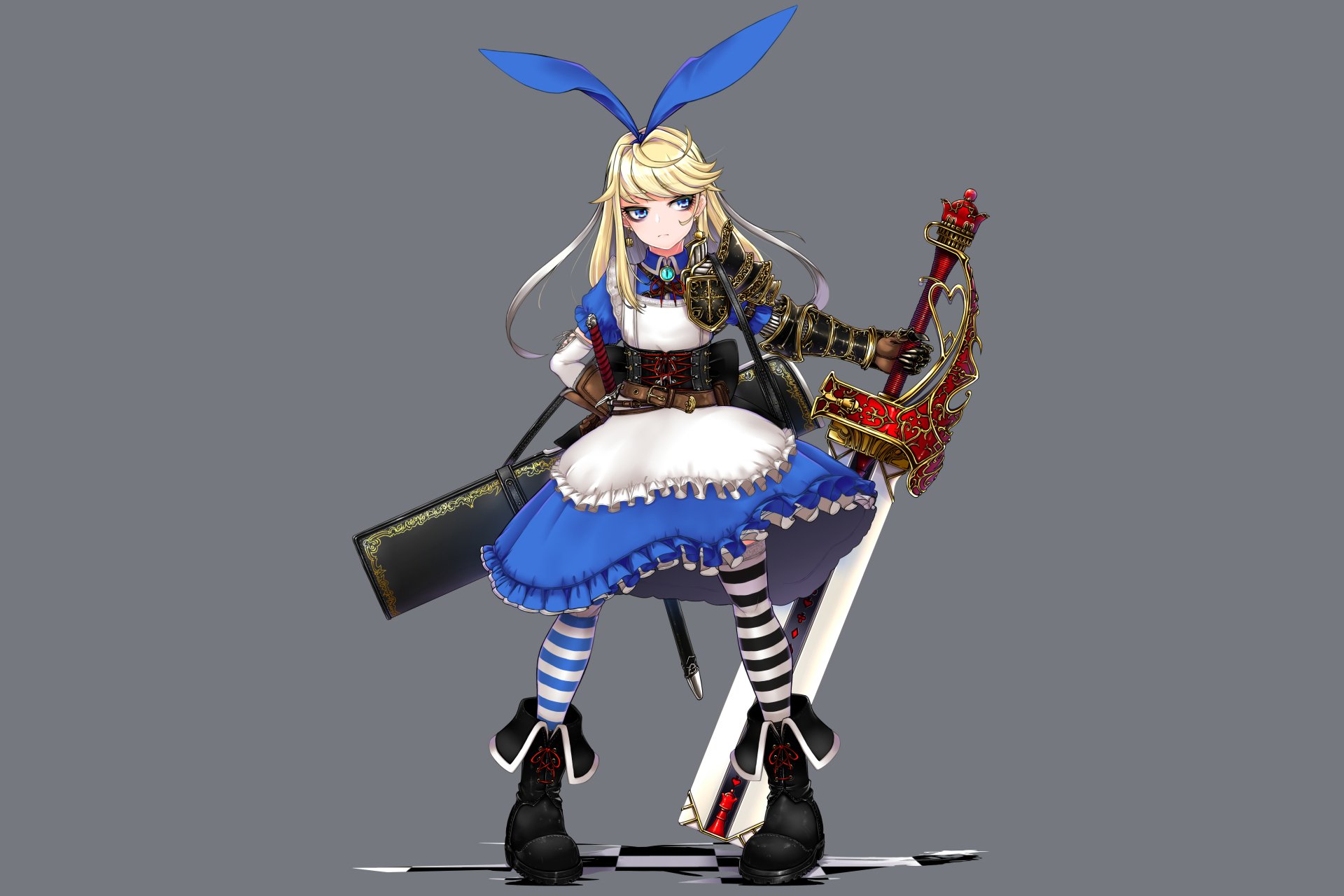 Download Thigh Highs Boots Blue Eyes Sword Dress Ribbon Blonde Anime Original 4k Ultra HD Wallpaper by 灰色軍団