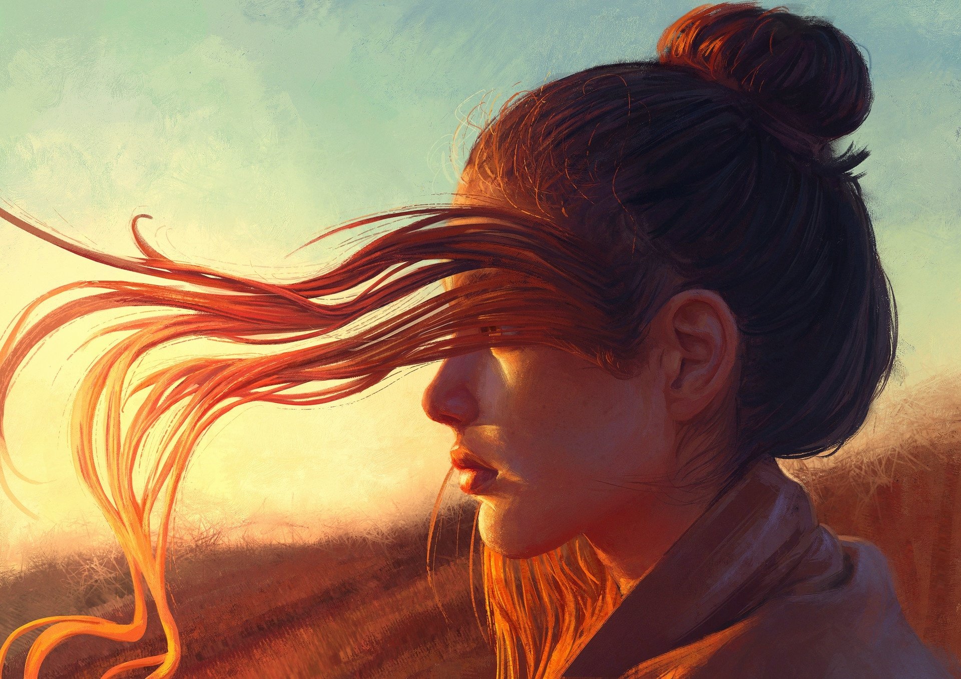 Artistic HD PC desktop wallpaper of a redhead woman in profile, her face lit by warm sunset, hair blowing across her eyes in painterly strokes.