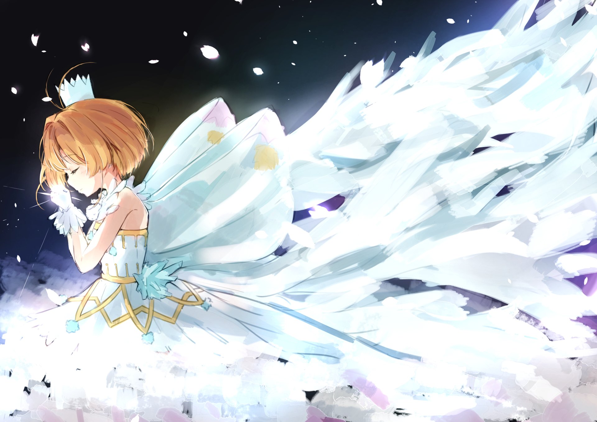 Sakura Kinomoto from Cardcaptor Sakura in an elegant white dress with flowing, ethereal fabric, captured in a detailed anime HD PC desktop wallpaper.