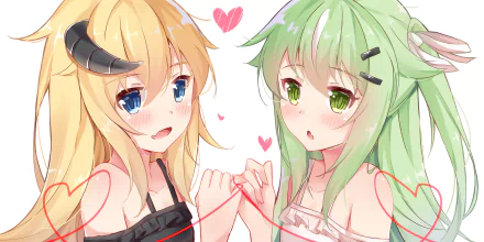 Anime-style original artwork of two nekomimi girls with horns, one with blonde hair and blue eyes, the other with green hair and green eyes, sharing a pinky promise surrounded by hearts.