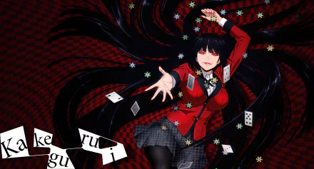HD desktop wallpaper featuring Yumeko Jabami from the anime Kakegurui. She is surrounded by playing cards against a dark, checkered background, her black hair flowing around her.