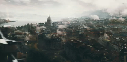 HD PC desktop wallpaper of a misty fantasy city: sprawling stone buildings and domes, low smoke and fog curling over rooftops.