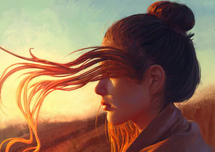 Artistic HD PC desktop wallpaper of a redhead woman in profile, her face lit by warm sunset, hair blowing across her eyes in painterly strokes.