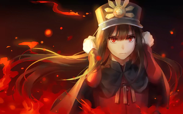 Oda Nobukatsu (Fate/Grand Order) anime HD PC desktop wallpaper: stern red-eyed samurai girl in dark robe and hat, her hair and flames swirling dramatically around her background.