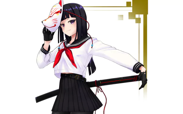 Anime-style schoolgirl with purple eyes holding a mask, wearing a school uniform, and carrying a katana. This HD desktop wallpaper blends vivid character design and intricate details seamlessly.