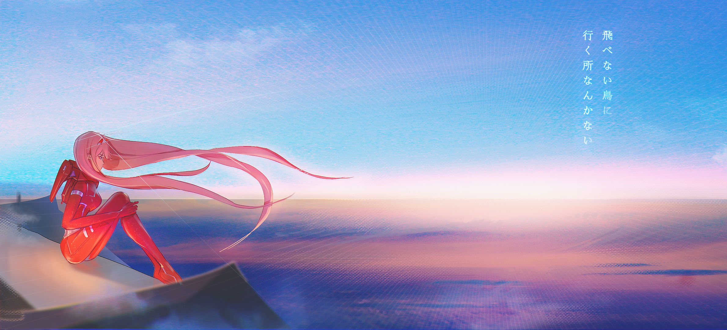 HD desktop wallpaper featuring Zero Two from Darling in the FranXX, with a vibrant sunset and Japanese script in the background.