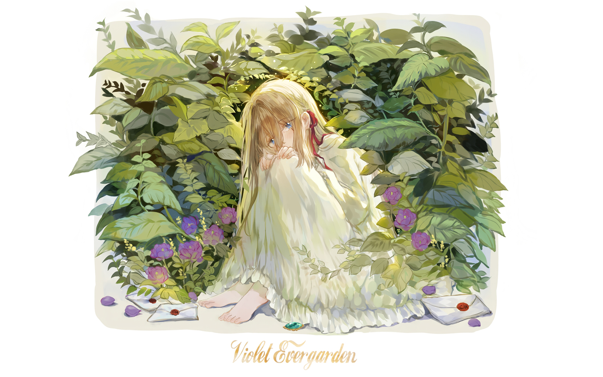 HD wallpaper featuring the anime character Violet Evergarden sitting among lush green plants with purple flowers, wearing a flowing white dress. Text at the bottom reads Violet Evergarden.