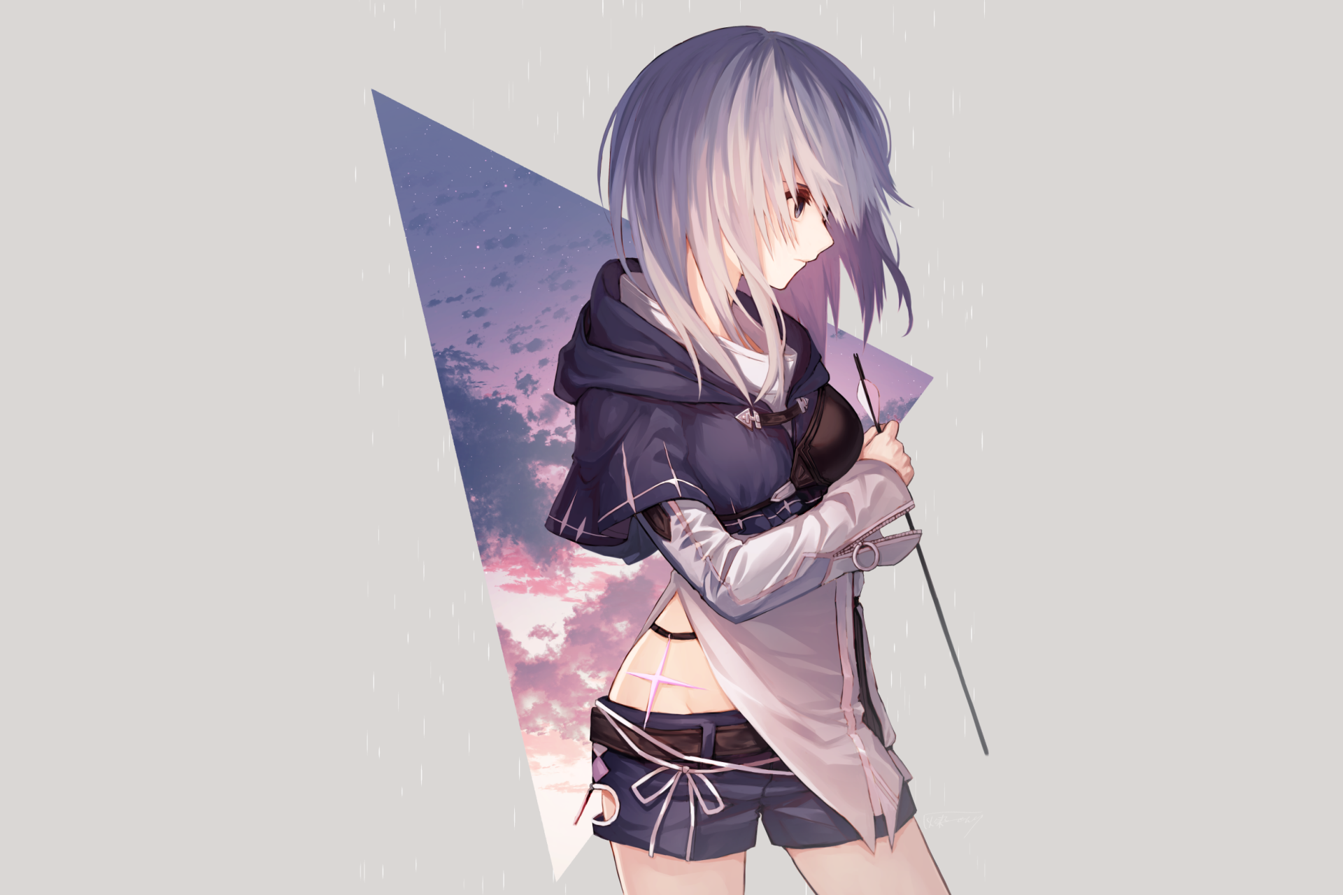 HD anime-style original artwork of a girl with purple hair holding a flag, set against a geometric background with a sunset sky, designed as a PC desktop wallpaper.