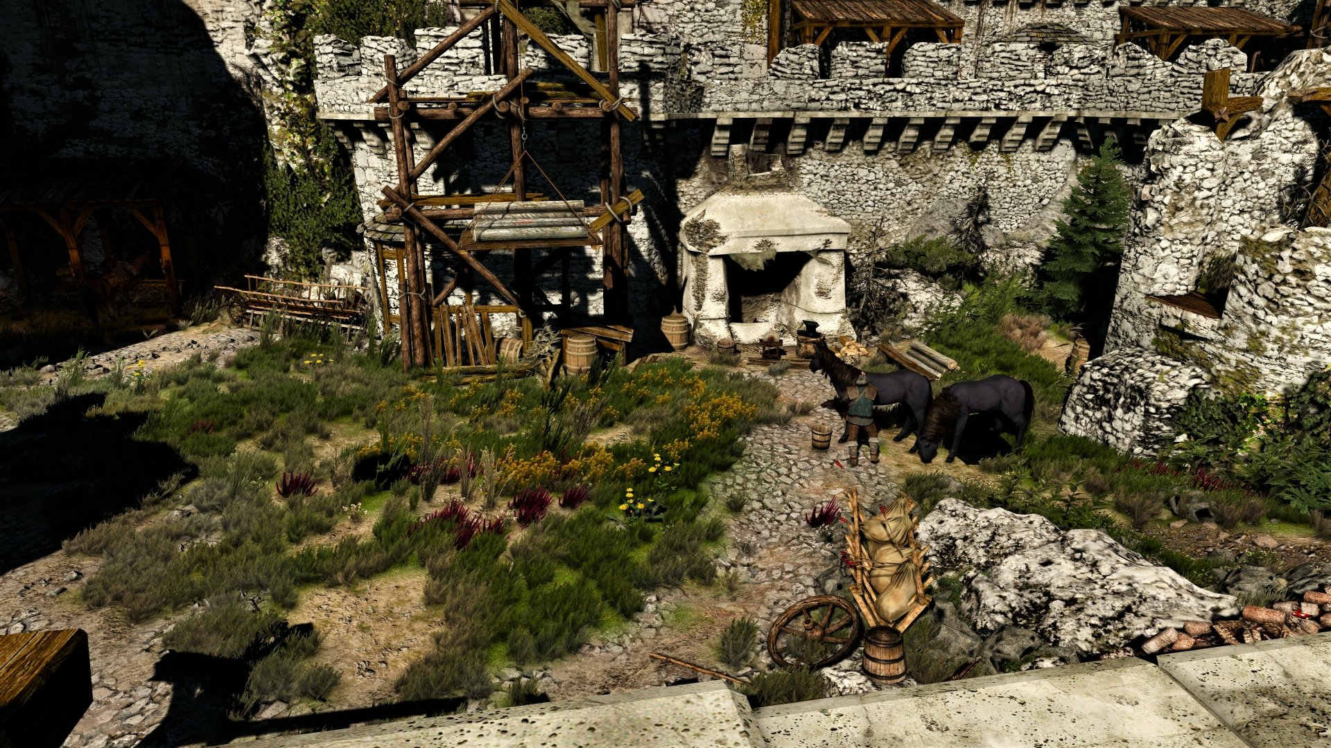 4K Ultra HD PC desktop wallpaper of the video game The Witcher 3: Wild Hunt — a sunlit ruined castle courtyard with scaffolding, overgrown grass, horses and a view from the battlement.