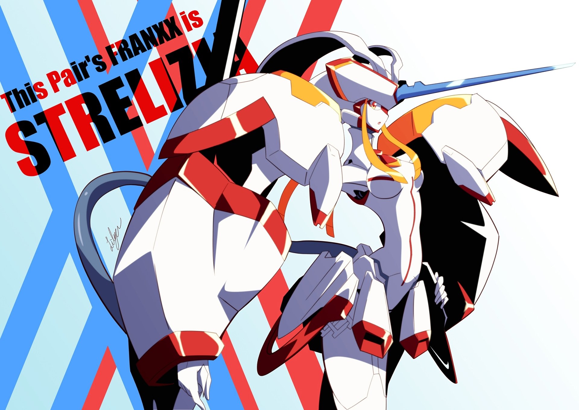 High-definition wallpaper featuring mecha from Darling in the FranXX, showcasing the Stralitz unit with vibrant colors and dynamic design elements.