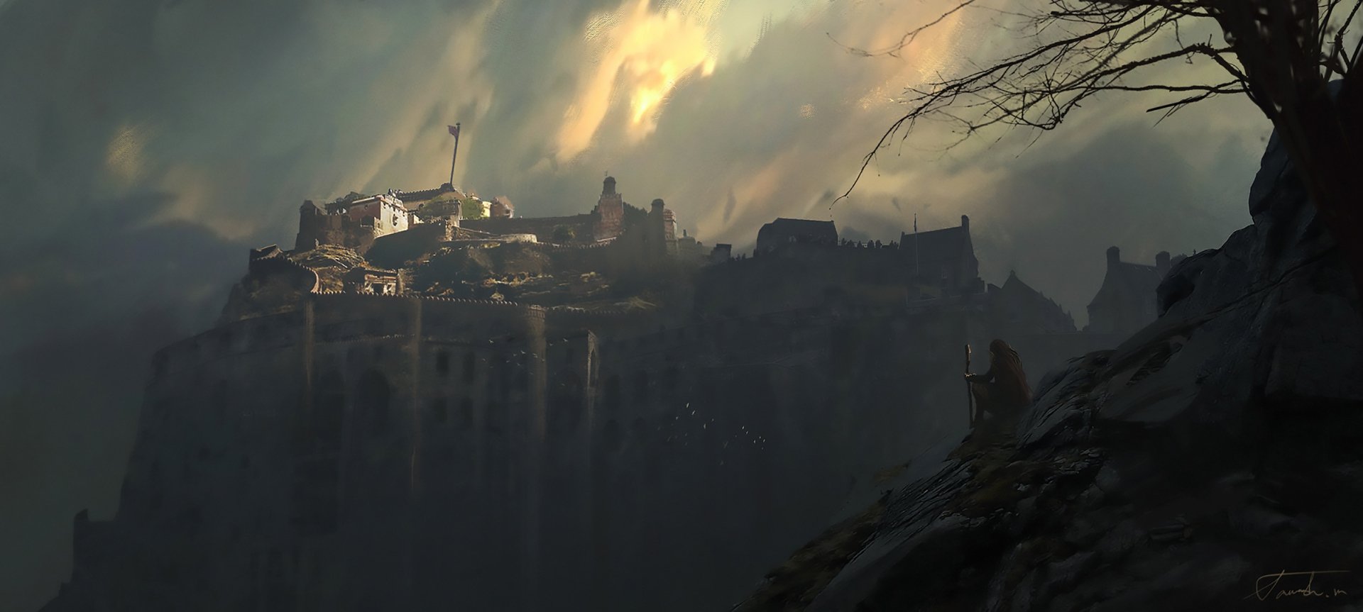 HD fantasy landscape depicting a dramatic, moody castle perched on cliffs under stormy skies, designed as a captivating PC desktop wallpaper background.