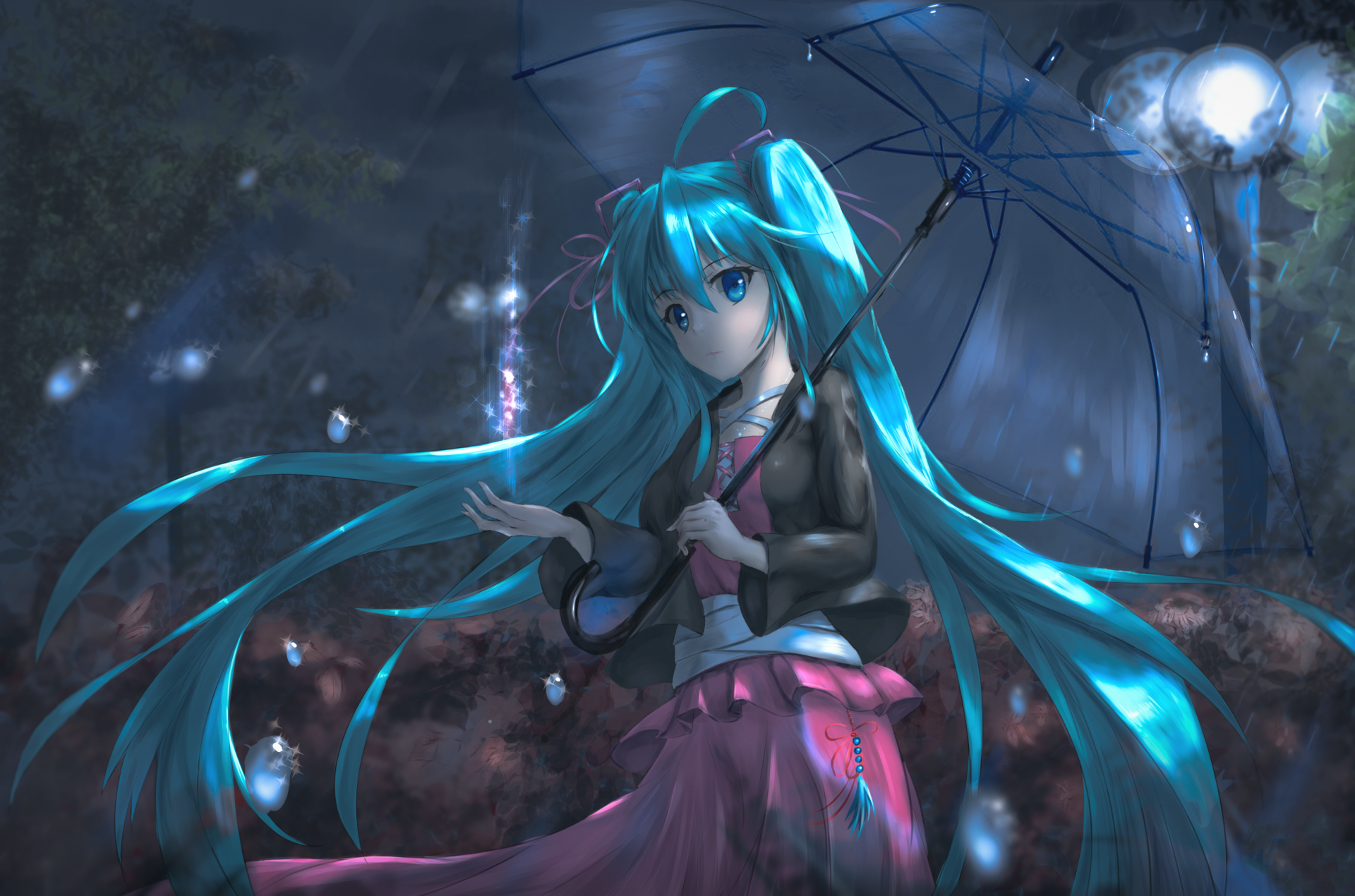 HD PC desktop wallpaper featuring Hatsune Miku from Vocaloid in an anime style, depicted with flowing teal hair under a translucent umbrella on a rainy night.