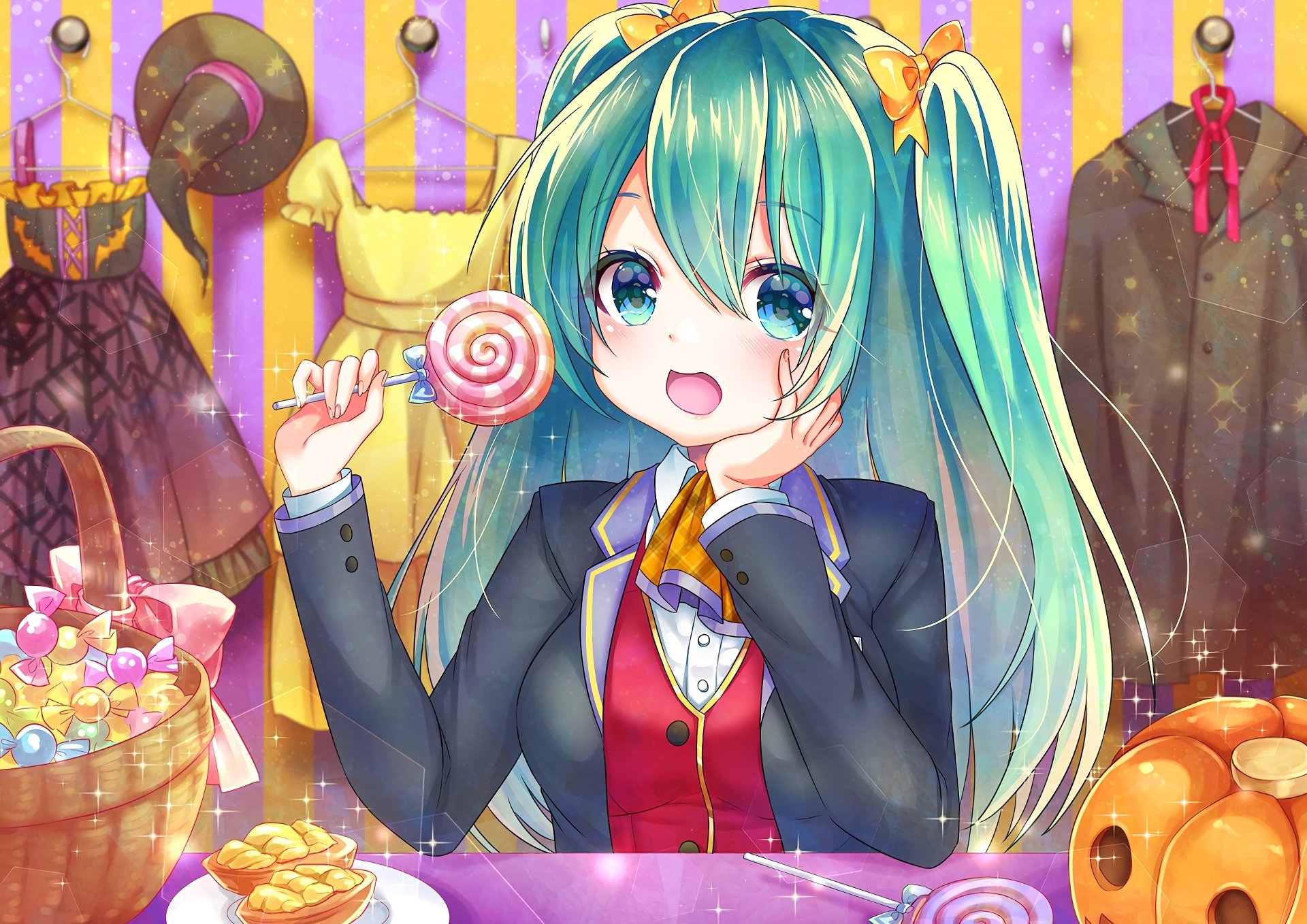 HD anime Halloween desktop wallpaper featuring a cheerful anime girl with teal twin-tails, holding a lollipop amidst festive decorations and candy.