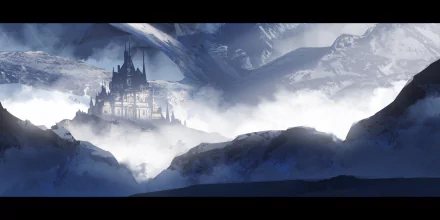 HD desktop wallpaper of a fantasy castle shrouded in fog on a snowy mountain, creating a mysterious and magical atmosphere.