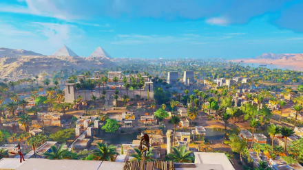 HD PC desktop wallpaper featuring Bayek of Siwa overlooking an ancient Egyptian cityscape from Assassin's Creed Origins.