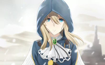 HD wallpaper featuring Violet Evergarden, an anime character with blonde hair and aqua eyes, dressed in a hooded blue and white outfit, set against a muted background.
