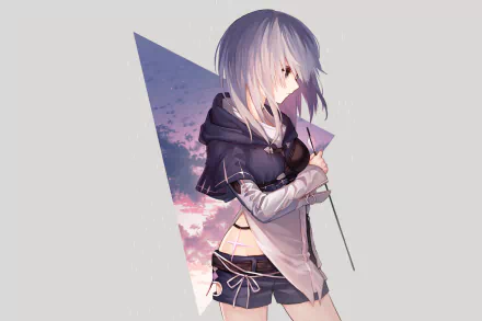 HD anime-style original artwork of a girl with purple hair holding a flag, set against a geometric background with a sunset sky, designed as a PC desktop wallpaper.