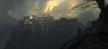 HD fantasy landscape depicting a dramatic, moody castle perched on cliffs under stormy skies, designed as a captivating PC desktop wallpaper background.