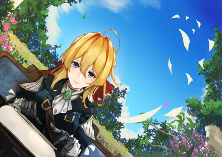 Violet Evergarden anime 4K Ultra HD PC desktop wallpaper: Violet in her uniform seated at a garden desk beneath a bright blue sky with drifting petals and lush foliage.