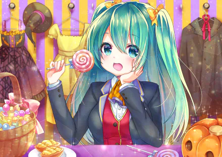 HD anime Halloween desktop wallpaper featuring a cheerful anime girl with teal twin-tails, holding a lollipop amidst festive decorations and candy.