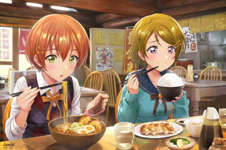 Anime HD desktop wallpaper featuring Hanayo Koizumi and Rin Hoshizora from Love Live! enjoying a meal together in a cozy restaurant setting.
