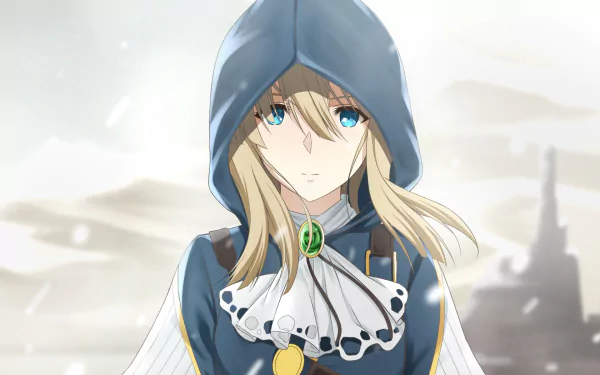 HD wallpaper featuring Violet Evergarden, an anime character with blonde hair and aqua eyes, dressed in a hooded blue and white outfit, set against a muted background.