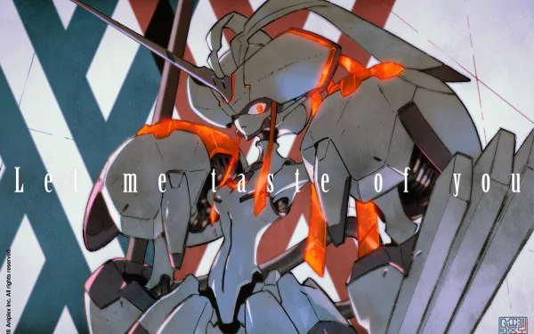 HD desktop wallpaper of a robot from the anime Darling in the FranXX, featuring text that reads Let me taste of you. The robot is heavily armored with orange and grey accents.