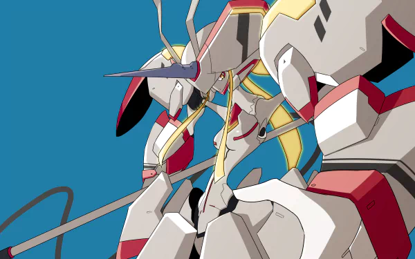 4K Ultra HD anime wallpaper featuring a detailed mecha from Darling in the FranXX against a solid blue background, designed for PC desktop use.